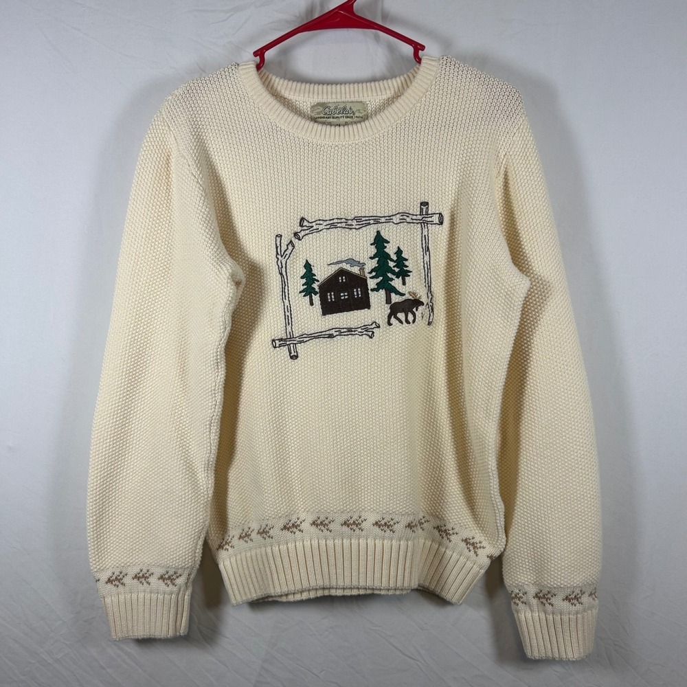 Cabelas Womens Cream Knit Cabin Moose Embroidered Sweater Medium Vintage Style